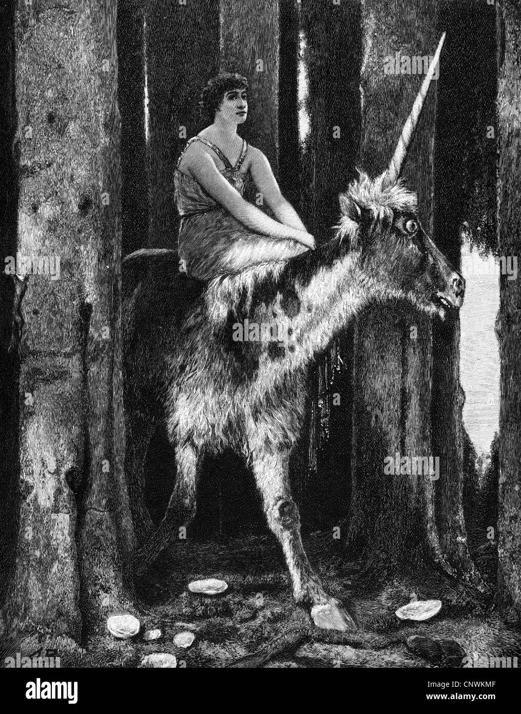 zoologie, Einhorn, (mythologische Kreaturen), 'das Schweigen im Wald', nach Fotogravur von Arnold Böcklin, Holzstich, 1885, Additional-Rights-Clearences-not available Stockfoto