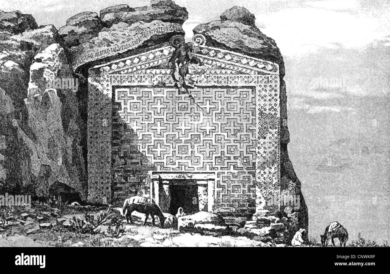 Midas, König von Phrygia, 738 - 695 oder 676 v. Chr., sein Grab, Eingang, Holzgravur nach Perrot-Chipiez, 19. Jahrhundert, Stockfoto