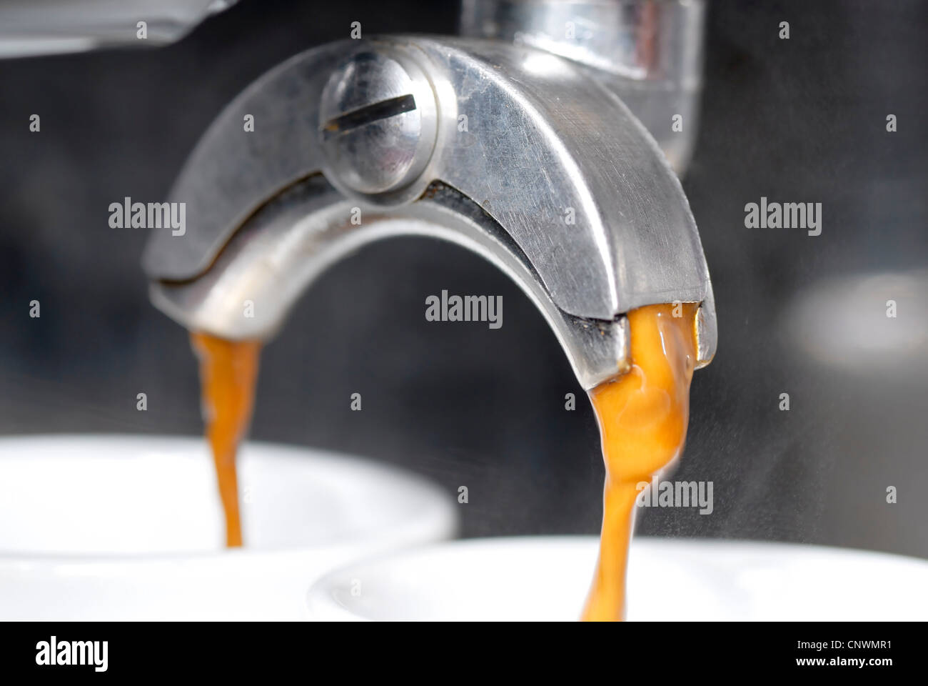 Ein Schuss von Kaffee in zwei Espresso-Tassen gießen. In der Nähe von Portafilter Auslauf im Mittelpunkt. Stockfoto