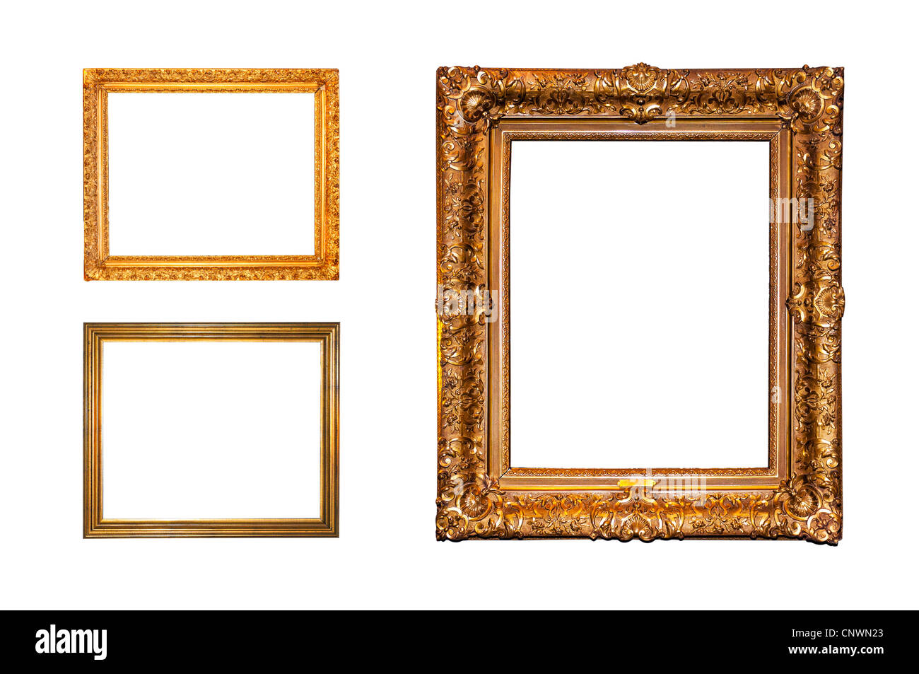 Alte reich verzierten goldenen Rahmen isoliert auf weißem Hintergrund Stockfoto