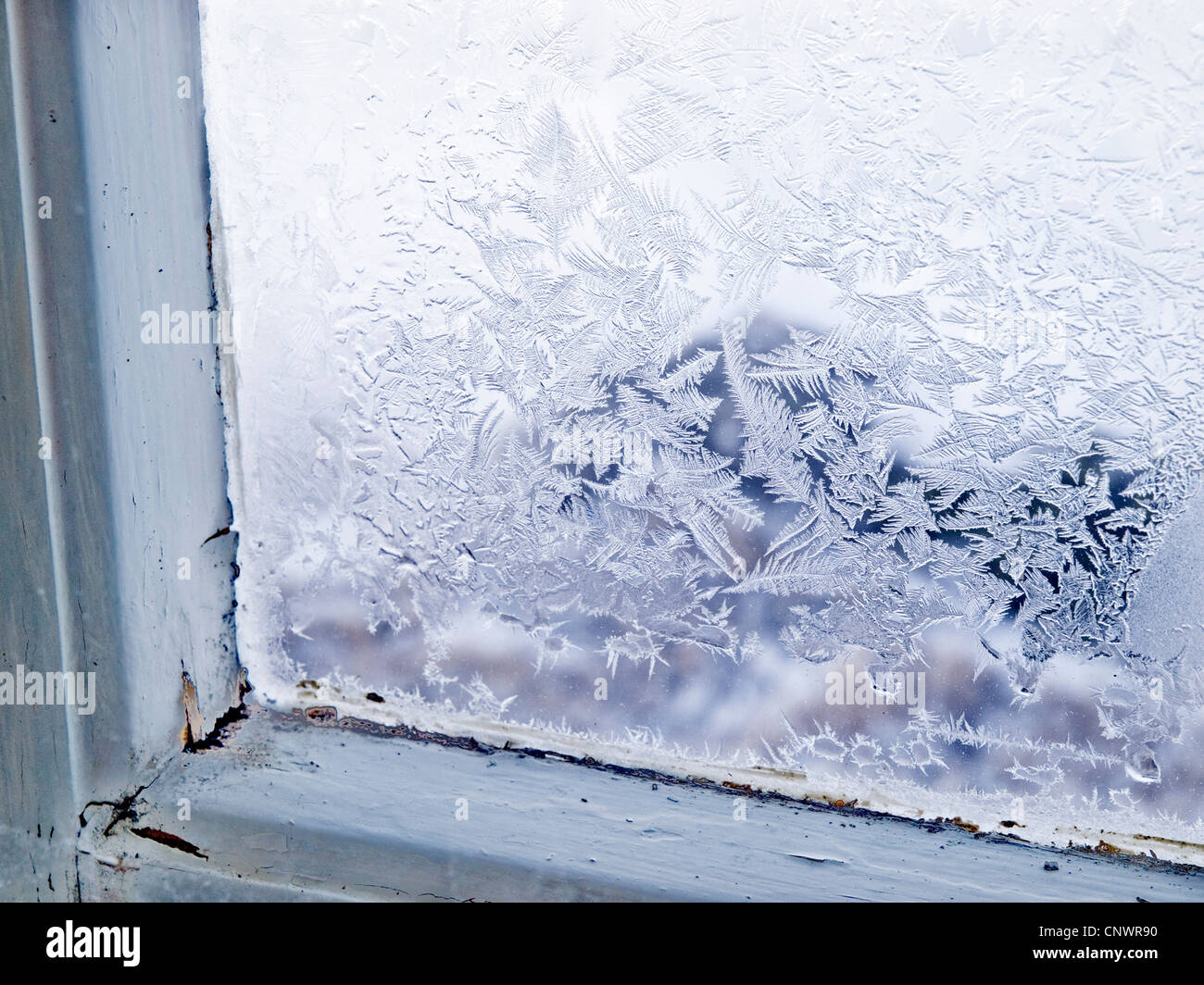 Frost am Fenster einer norwegischen Berghütte Stockfoto