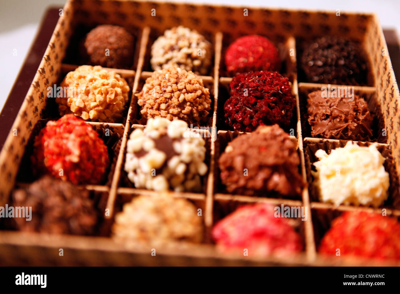 Bunte, handgefertigte Trüffel-Pralinen in einer box Stockfoto