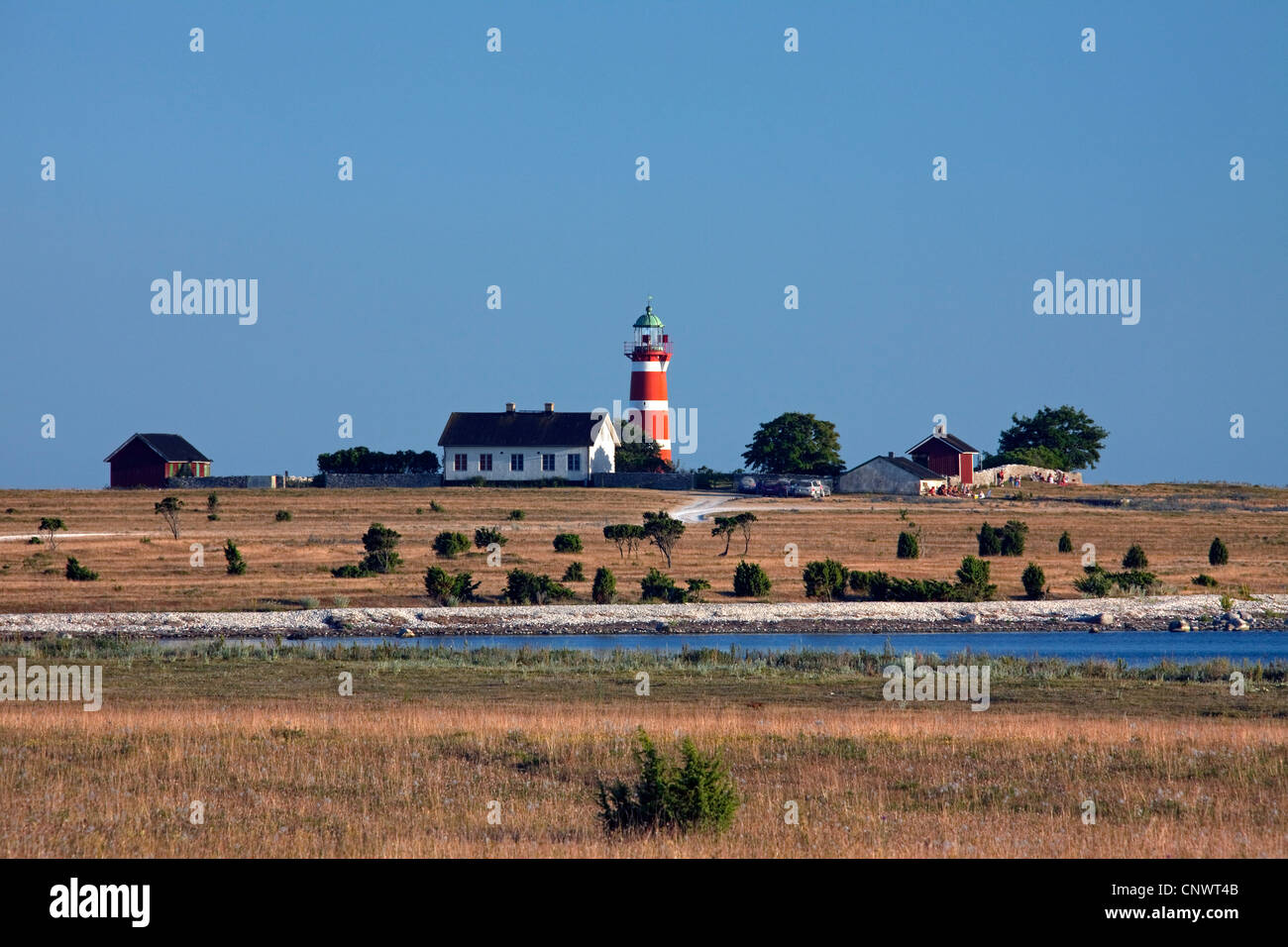 Die rot-weißen Leuchtturm Närs Fyr am Närsholmen auf der Insel Gotland, Schweden Stockfoto