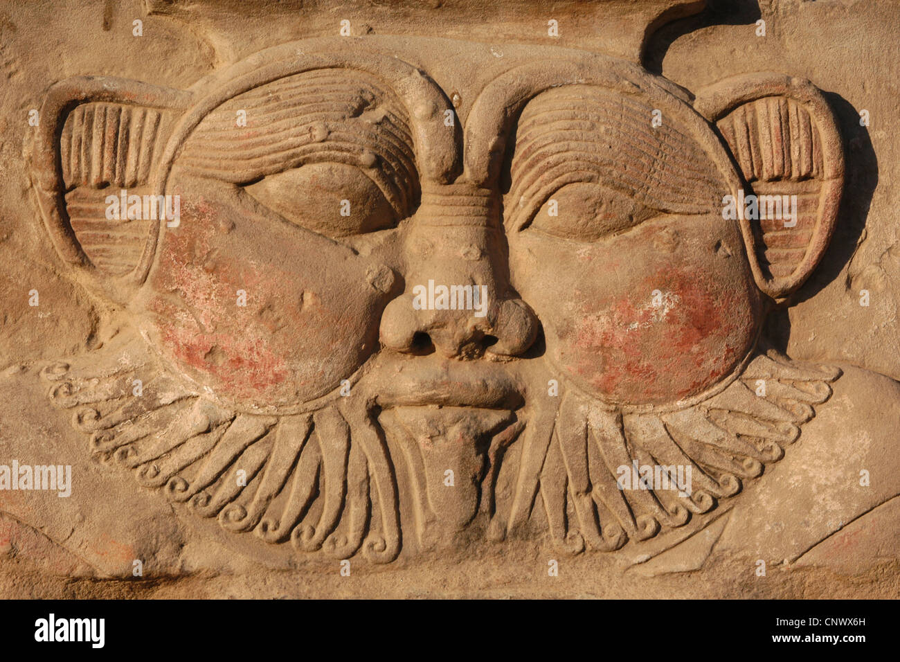 Alte ägyptische Gottheit Bes. Ptolemäischen Relief im Tempel der Hathor in Dendera, Ägypten. Stockfoto