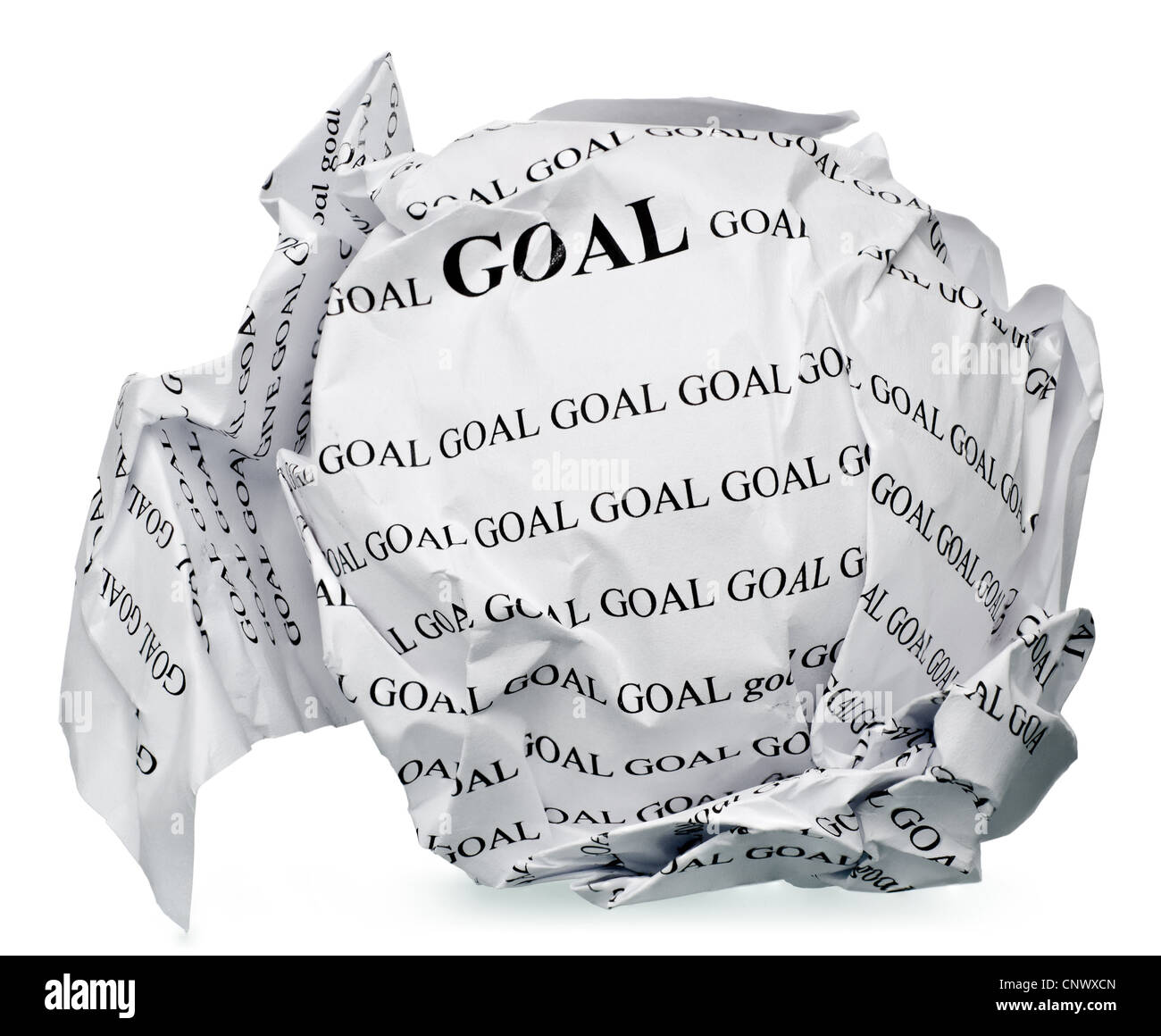 Papierkugel mit Text "Ziel" und Clipping-Pfad auf weißem Hintergrund Stockfoto