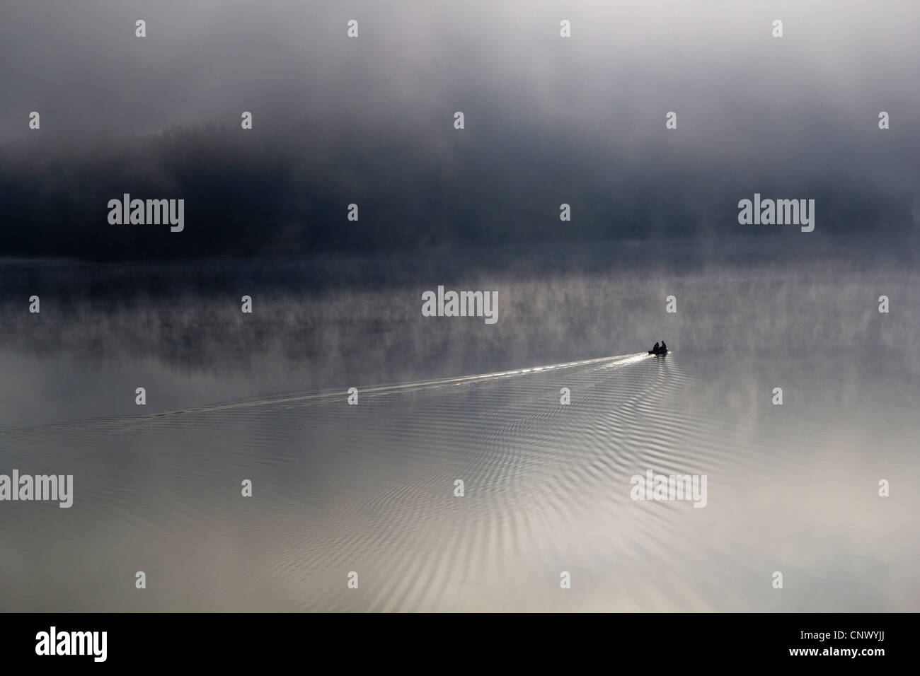 zwei Fischer in einem Boot Angeln im See in Morgen Nebel, Deutschland, Sachsen, Bleiloch-Talsperre Stockfoto