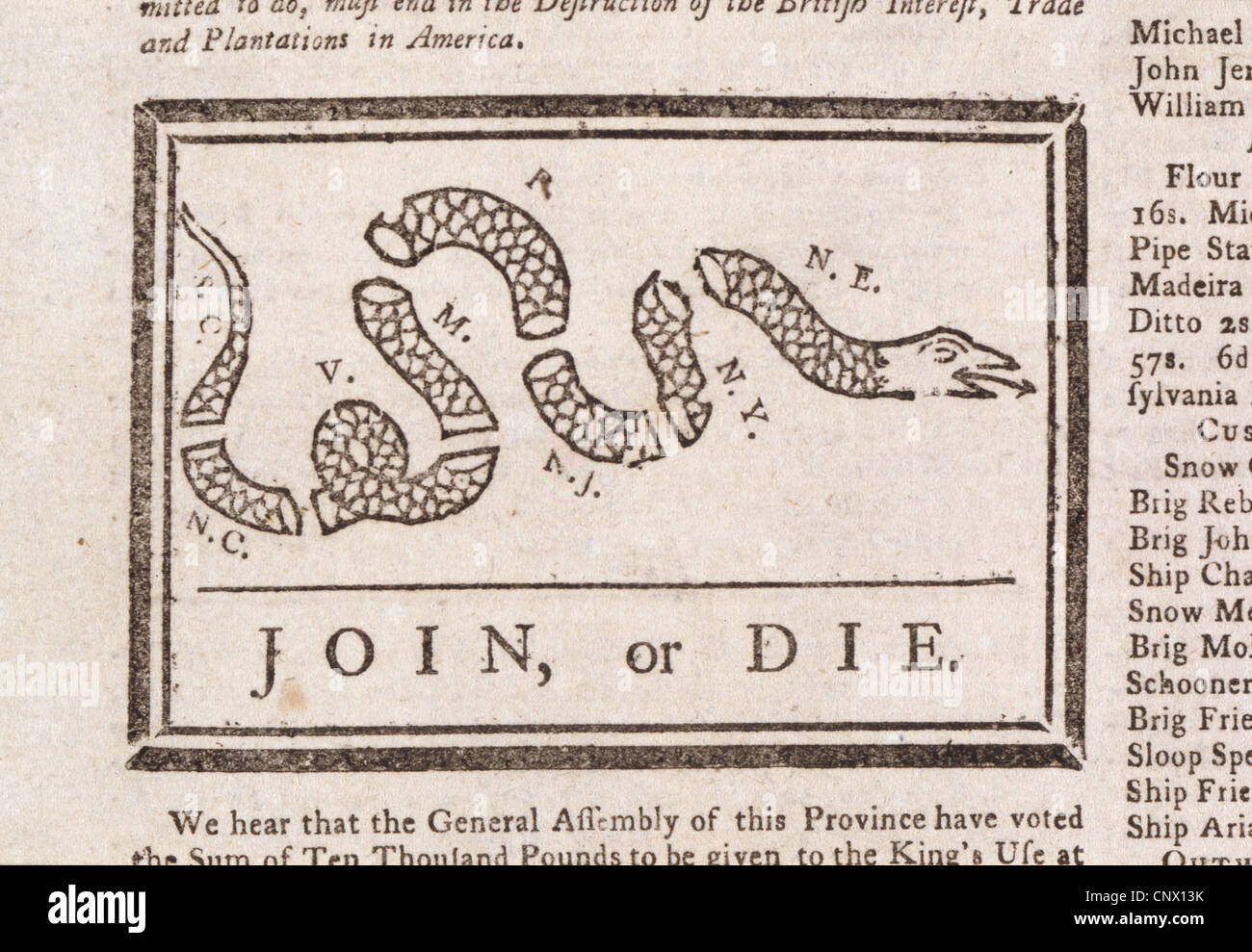 Nehmen Sie oder sterben. Die Pennsylvania Gazette, 9. Mai 1754. Stockfoto