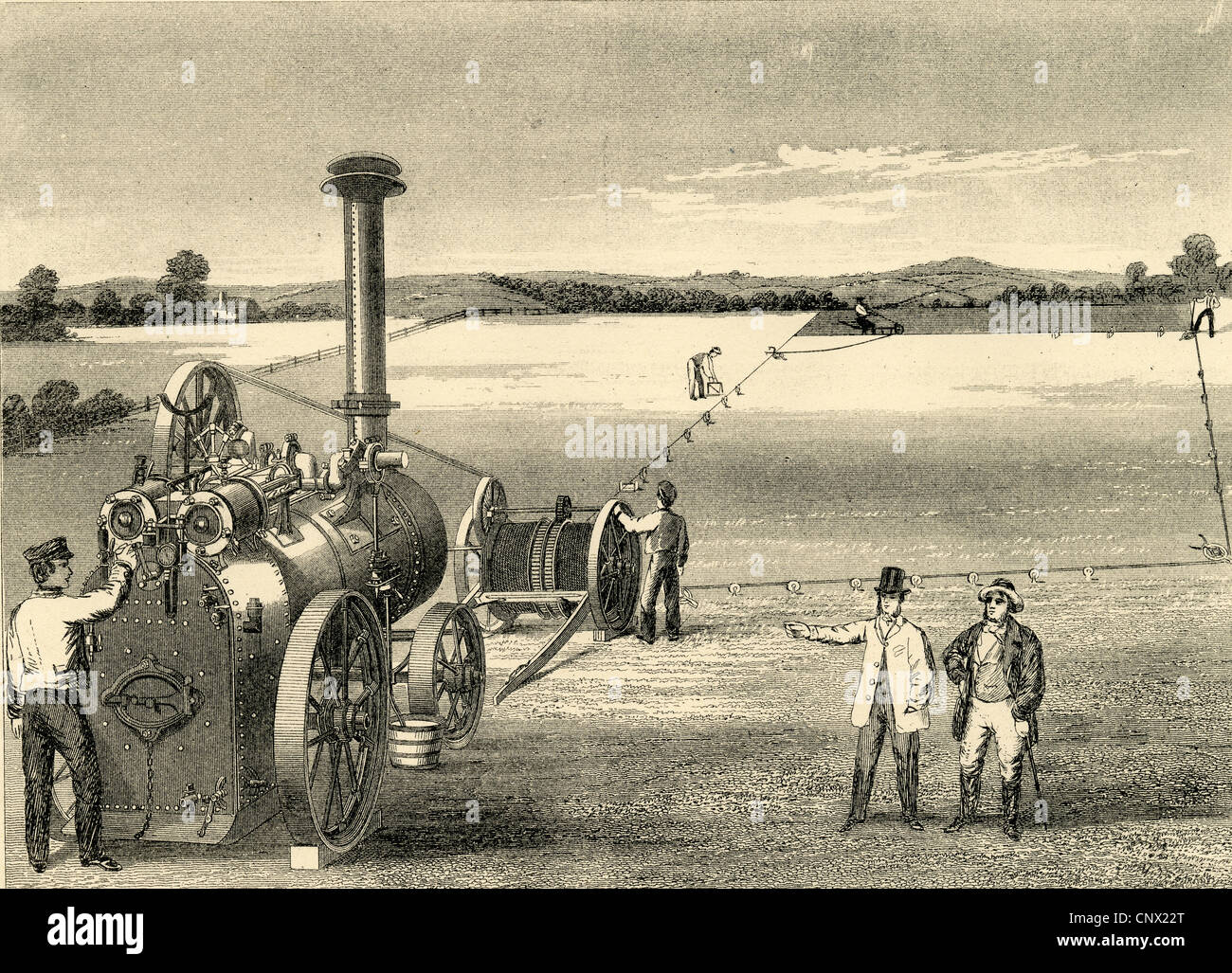 Ca. 1870 Gravur, Garrett & Sohn Doppel-Zylinder Dampfmaschine Pflügen und Tackle. Stockfoto