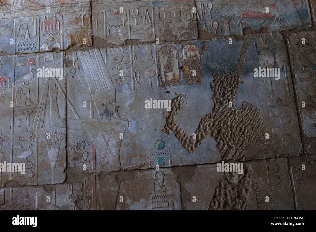 Amun-Re und Königin Hatschepsut. Relief in der Roten Kapelle der Hatschepsut in der Tempelanlage von Karnak in Luxor, Ägypten. Stockfoto