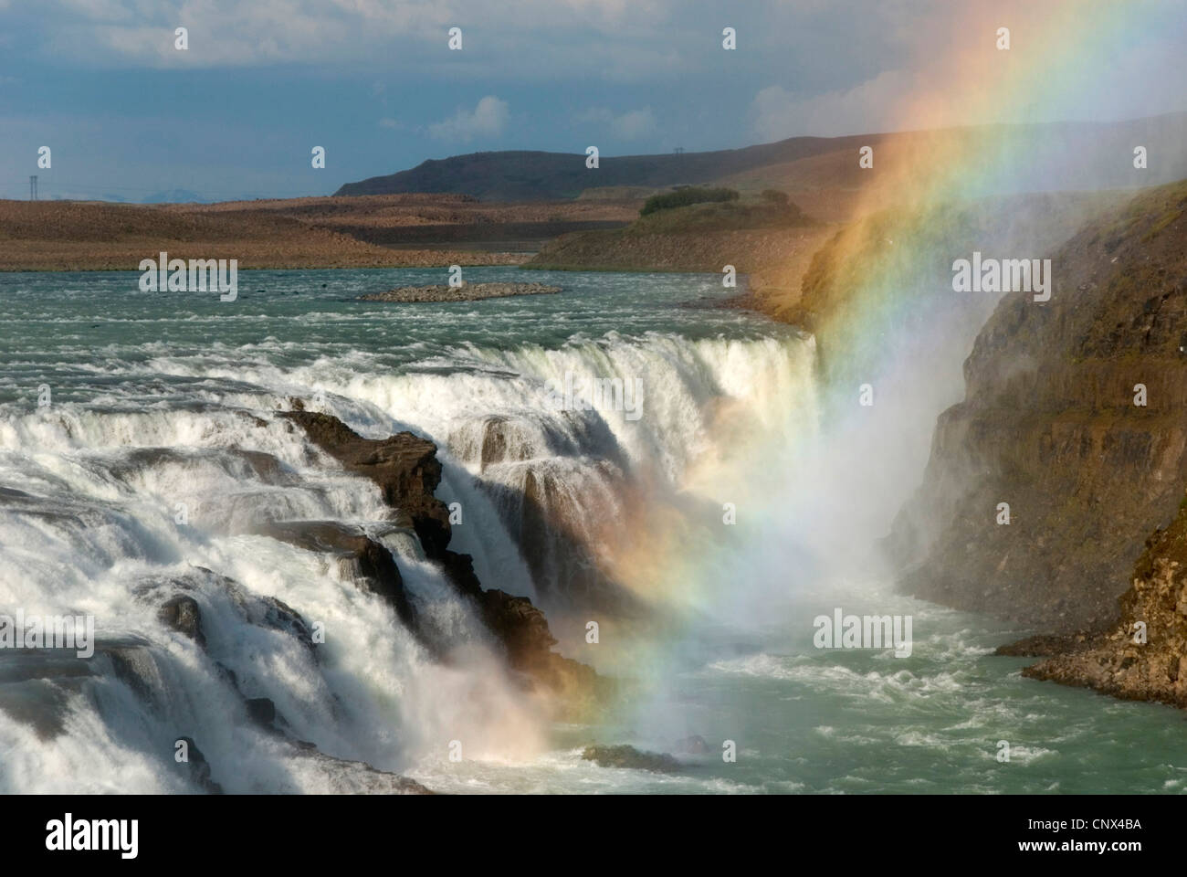 Wasserfall Gullfoss, am Hvita Fluss mit Regenbogen, Island Stockfoto