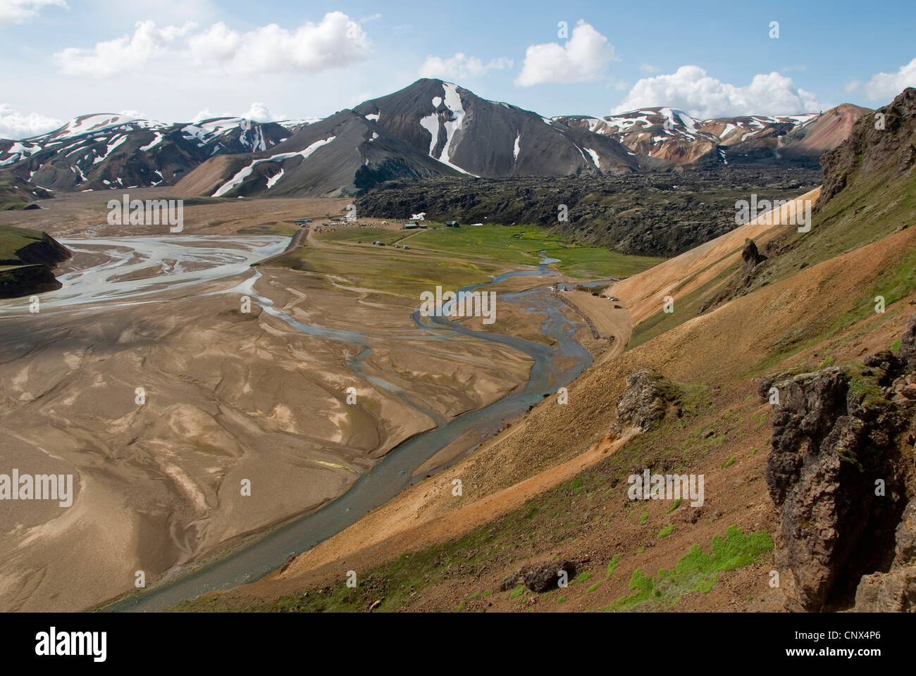 Landschaft entlang Gletscherfluss Joekugilskvisl, Island, Fjallabak Nationalpark, Landmannalaugar Stockfoto