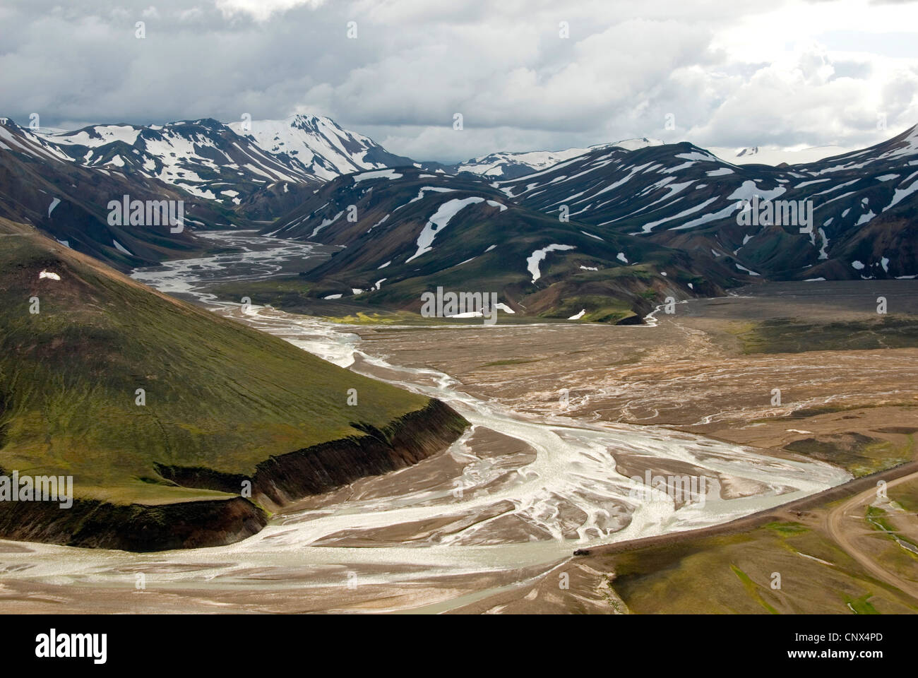 Berg Landschaft Gletscherfluss Joekugilskvisl, Island, Fjallabak Nationalpark, Landmannalaugar Stockfoto