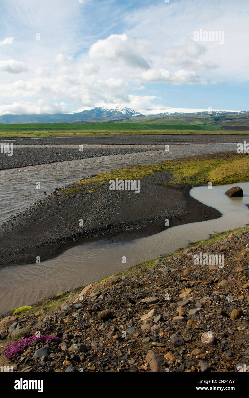 Joekulsa Fluss, Eyjafjallajoekull-Gletscher im Hintergrund, Island Stockfoto