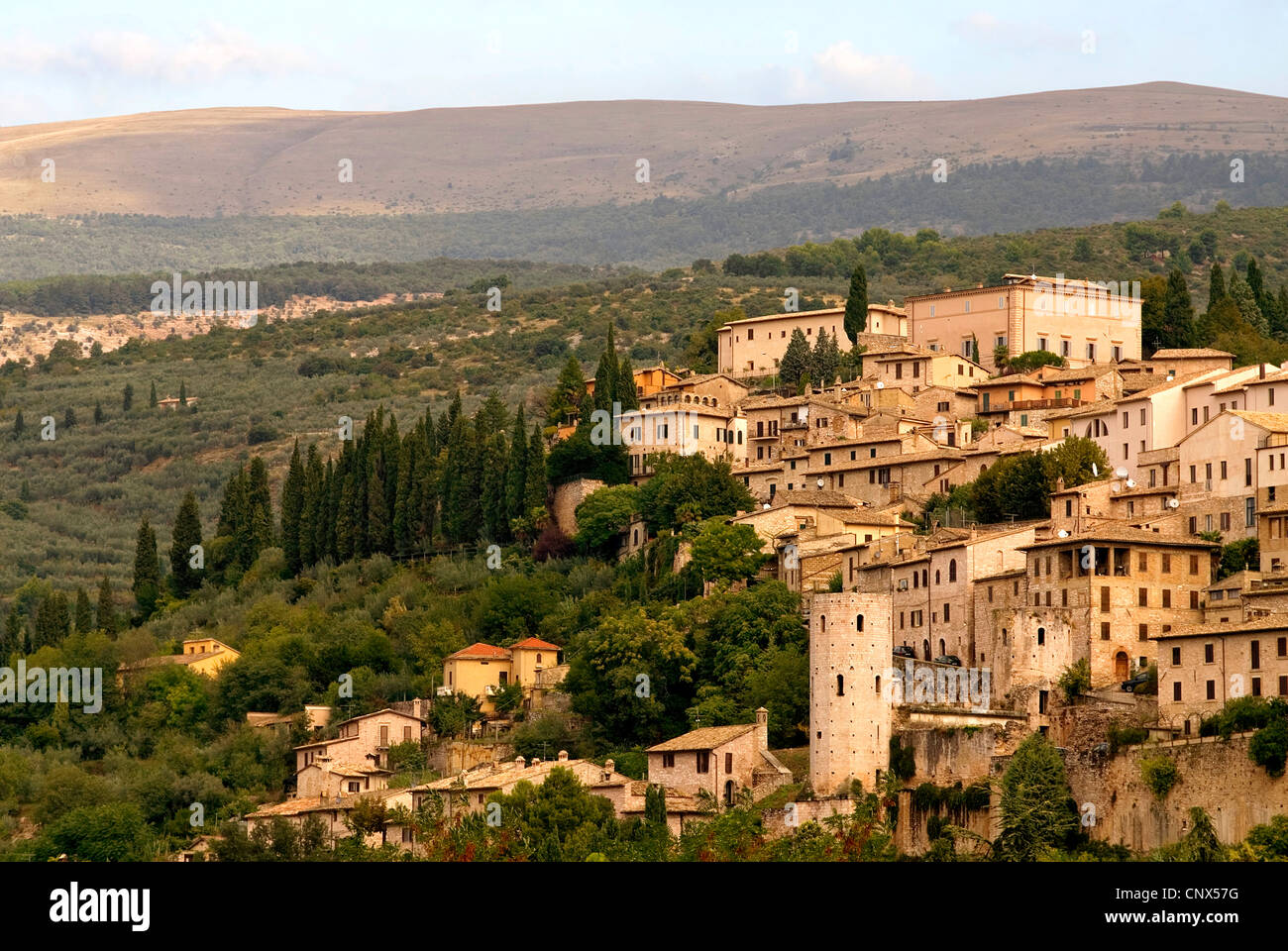 Blick zum Monte Subasio und dem historischen Stadtzentrum entfernt, Italien, Umbrien, Spello Stockfoto