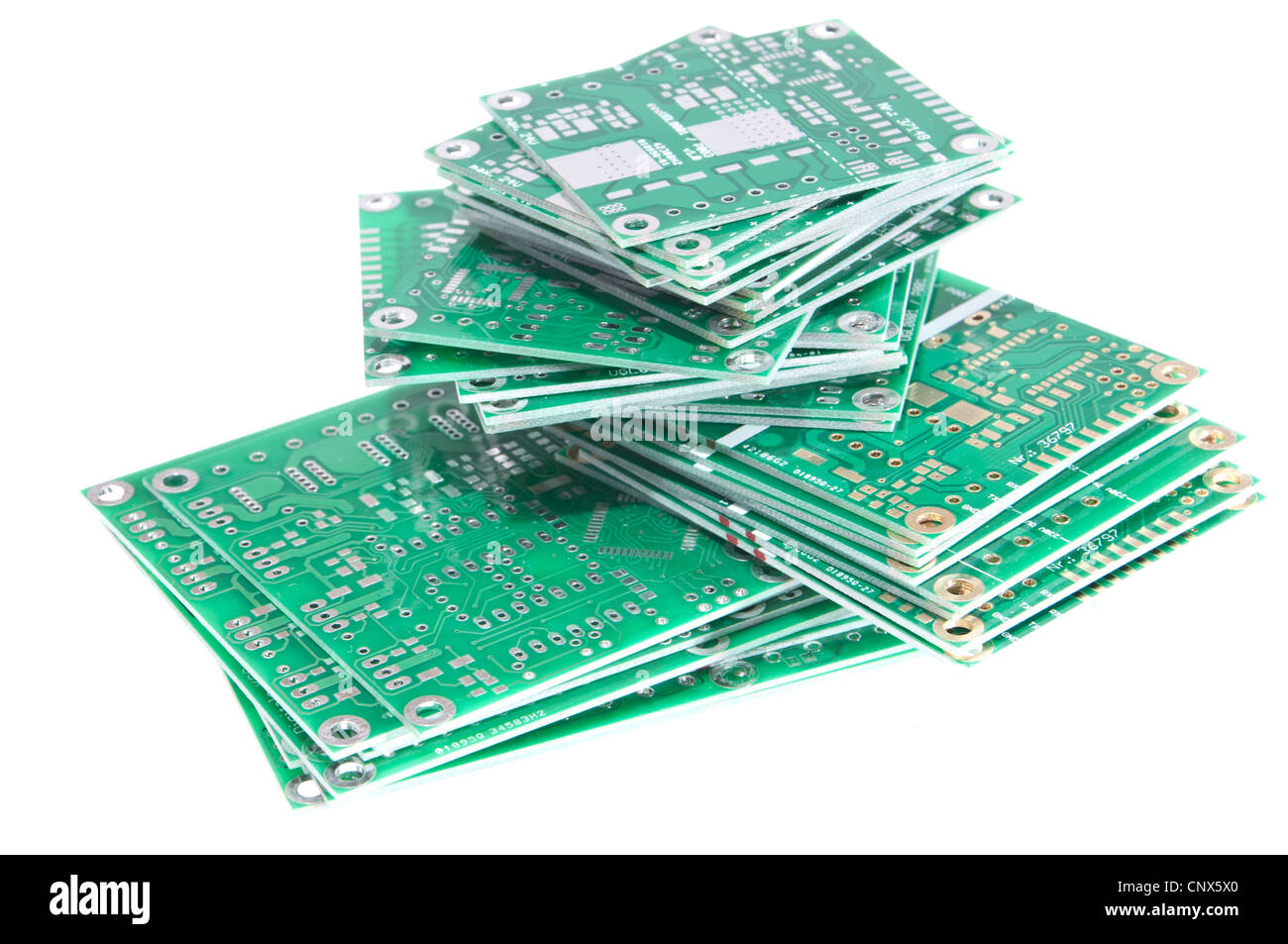 Haufen von PCB isoliert auf weißem Hintergrund Stockfoto