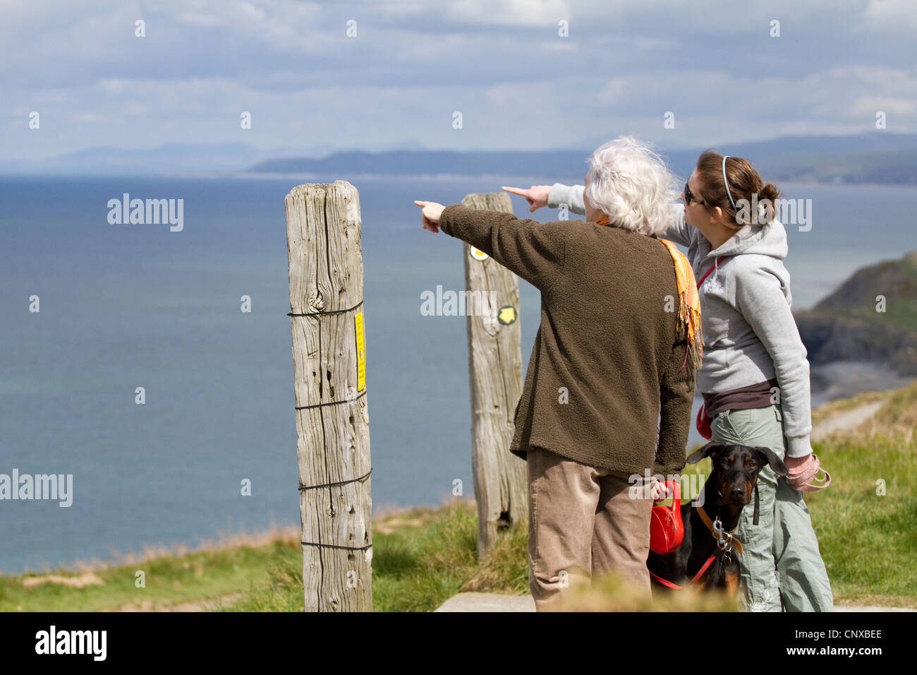 Eine ältere und jüngere Frau Meer auf dem Wales Küsten-Wanderweg in der Nähe von Aberystwyth darauf hinweisen. Mit einem Hund. Stockfoto