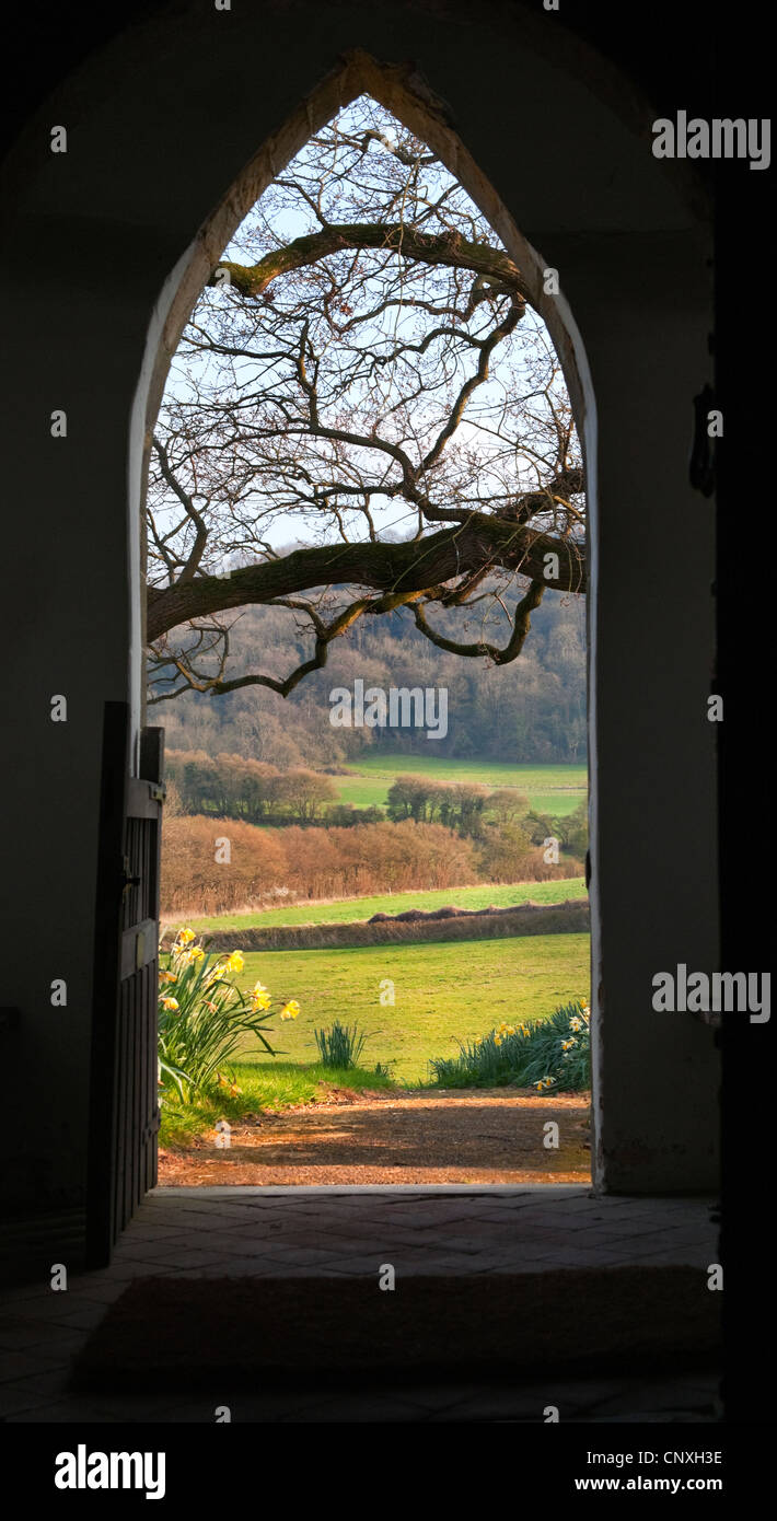 Blick durch die Tür zu St Marys Bepton im zeitigen Frühjahr mit Narzissen und Niederlassungen in Vorder- und grüne Felder Stockfoto