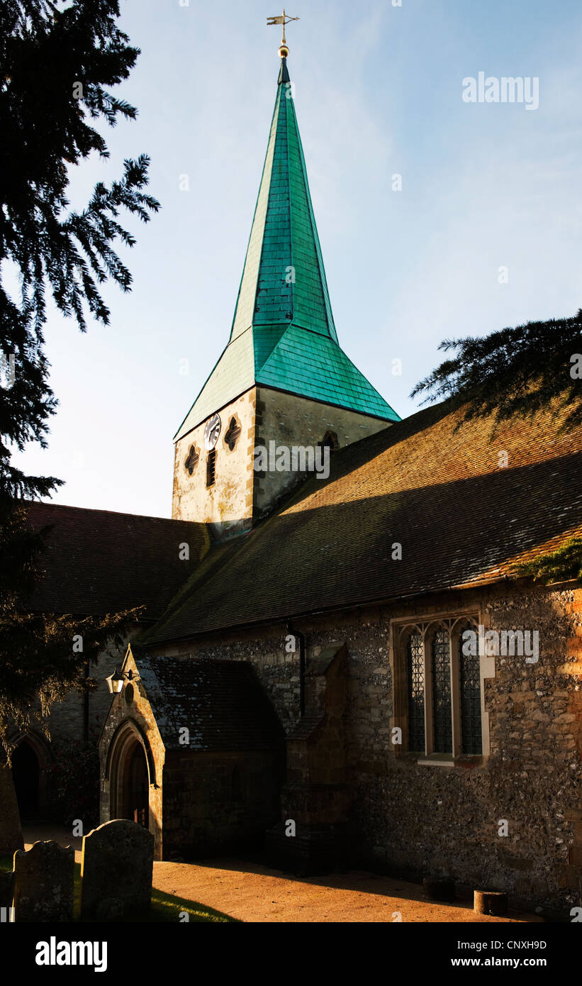 Kirche St. Mary und St. Gabriel in South Harting, West Sussex mit Kupfer verkleidet thematisieren Turmspitze fangen die Morgensonne Stockfoto