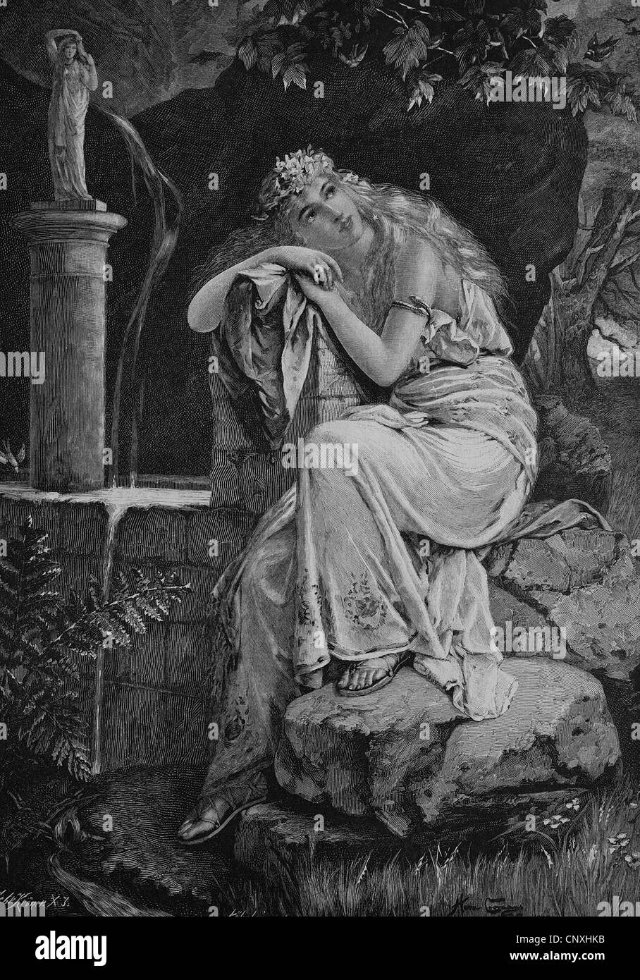 Junge Frau sitzt neben einem Brunnen Tagträumen, historische Gravuren, 1883 Stockfoto