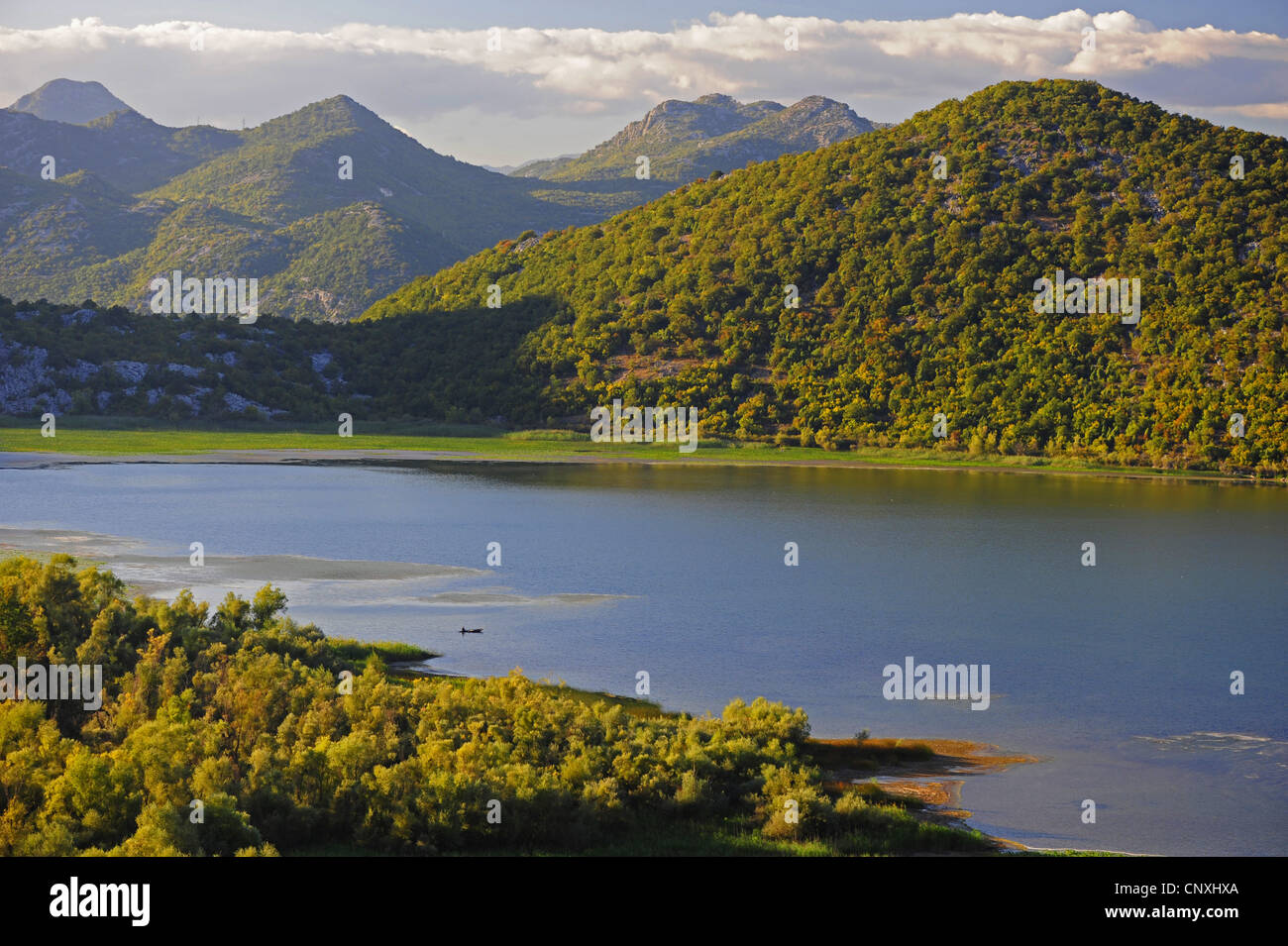 Panoramablick auf See Skadar in einer Berglandschaft in Herbstfarben, Montenegro, Skutari See Stockfoto