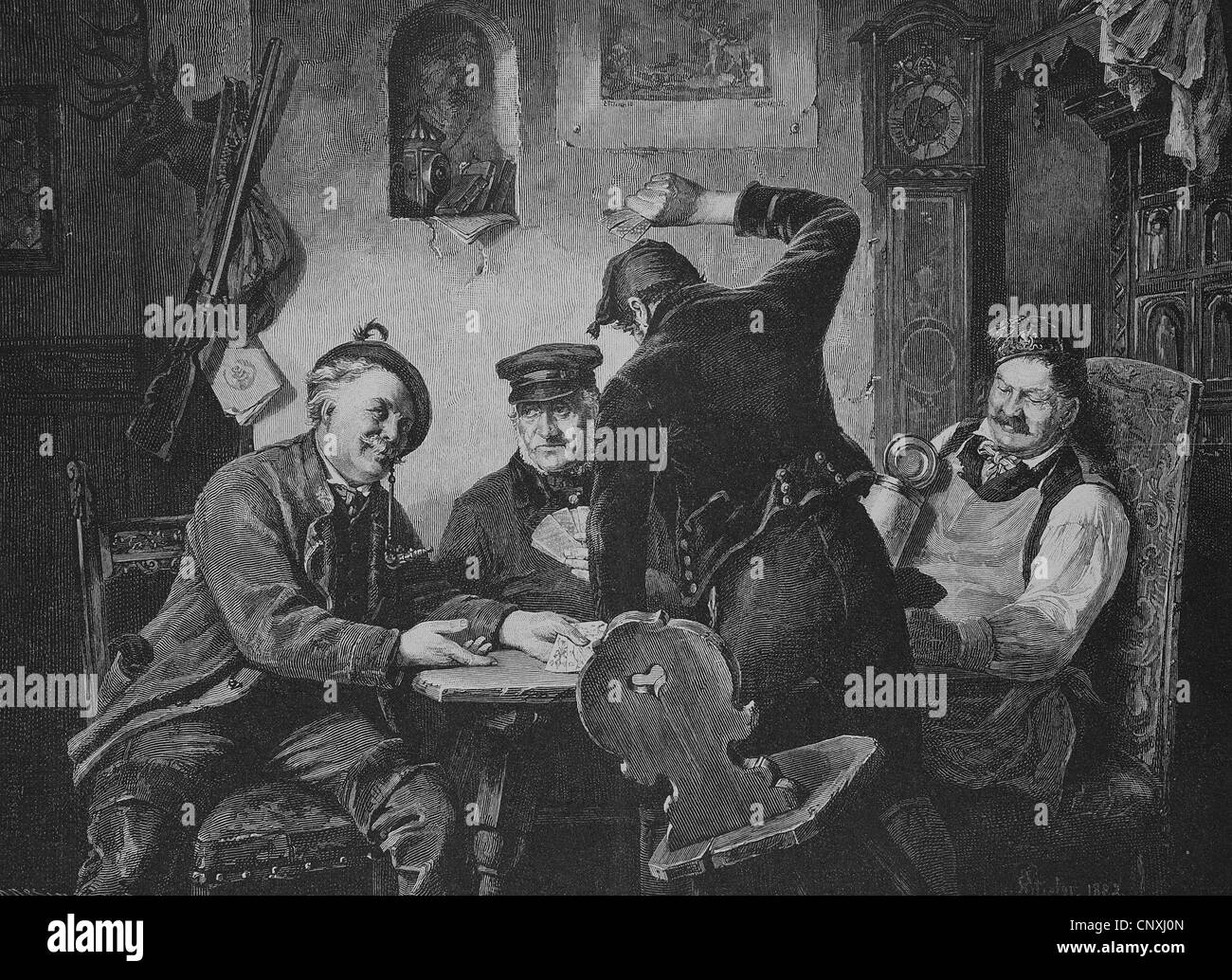 Schafkopf-Spieler in einem Dorfgasthof, historische Gravuren, 1883 Stockfoto