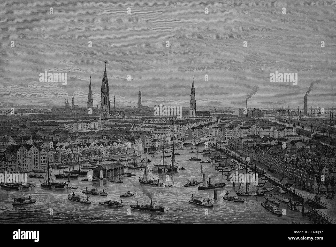 Bezirk für den Bau des Freihafens Hamburg, Butenkajen, Kehrwieder, Deutschland, historische Engravi neu entwickelt werden Stockfoto