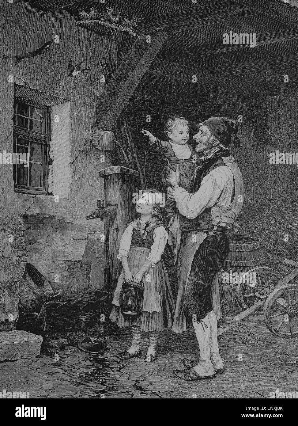 Bauer zeigt seinen Kindern die Nestbau Schwalben, historische Gravuren, 1883 Stockfoto