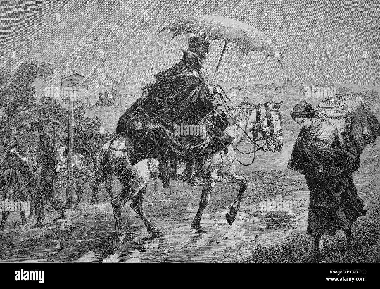 Stockman, Reiten im Regen, historische Gravuren, 1883 Stockfoto