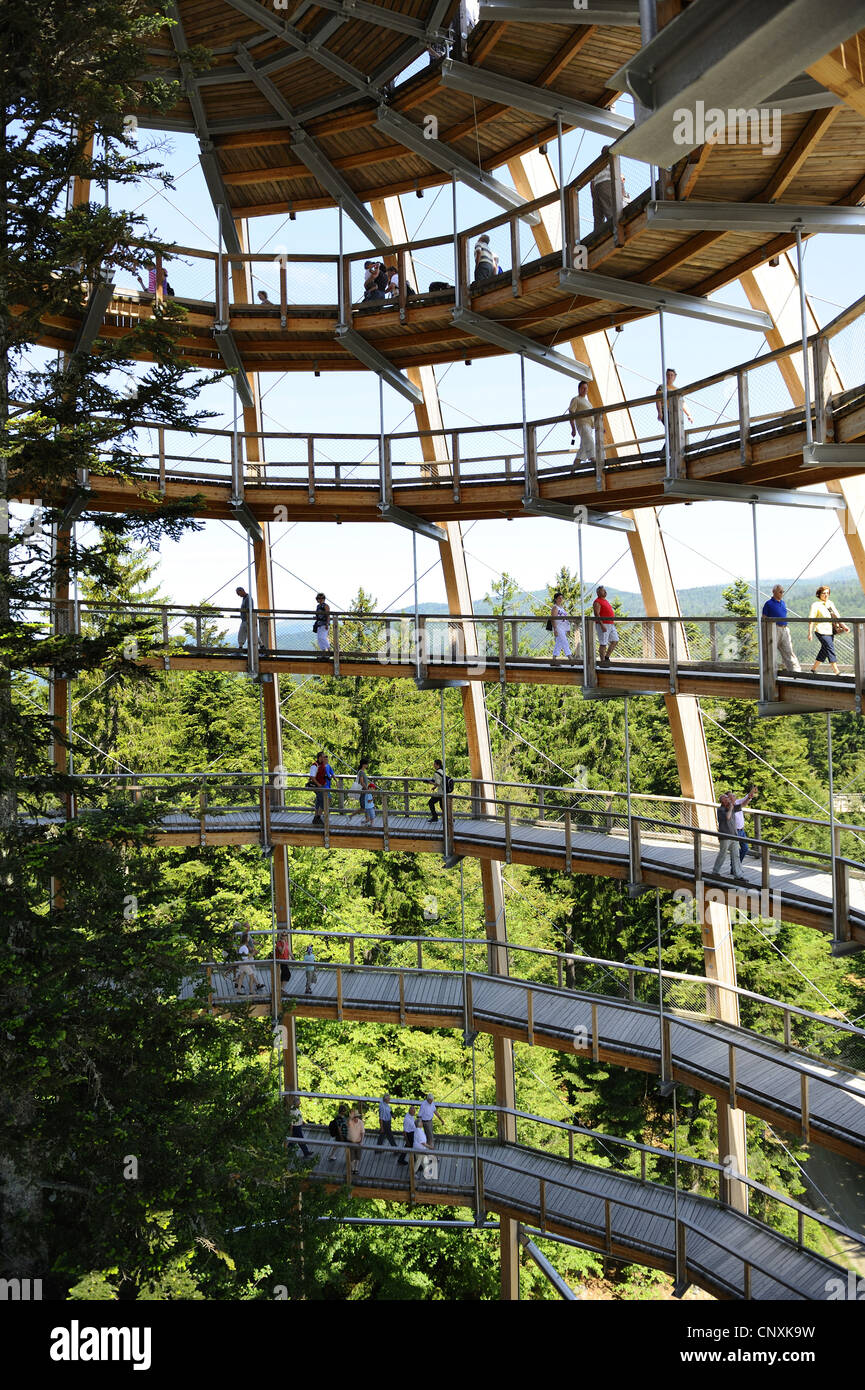 viele Besucher auf die Spirale Weg des Aussichtsturmes von der Tree Top Walk im Nationalpark Bayerischer Wald, Deutschland, Bayern, Nationalpark Bayerischer Wald, Neuschoenau Stockfoto