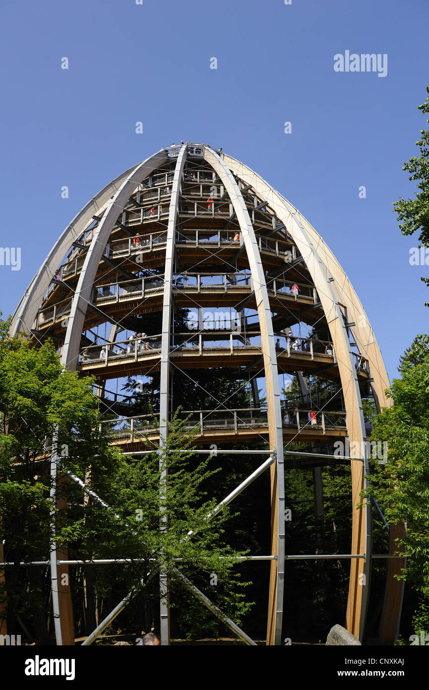 Aussichtsturm voll von Besuchern auf dem Waldlehrpfad Neuschoenau, Nationalpark Bayerischer Wald, Bayern, Deutschland Stockfoto