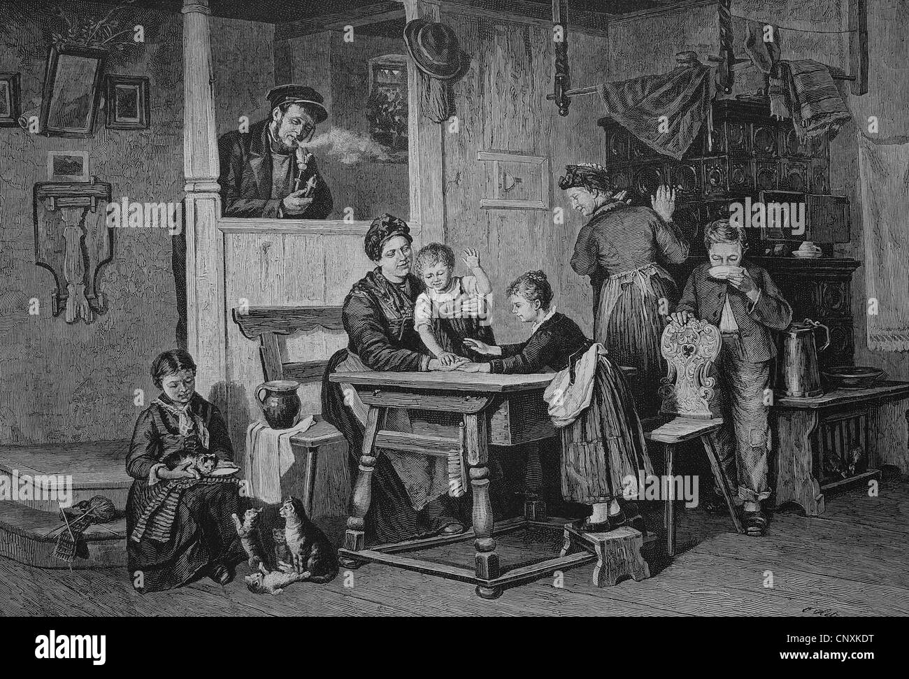 Spielen mit Kindern an einem Sonntagnachmittag in ein Wirtshaus, historische Gravuren, 1883 Stockfoto