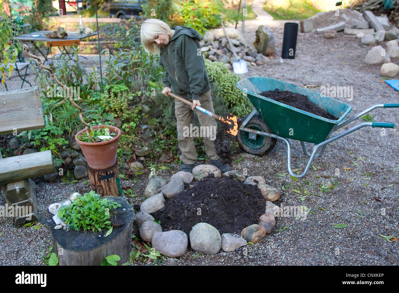 junge bauen eine Kräuterschnecke im Garten, Deutschland Stockfoto