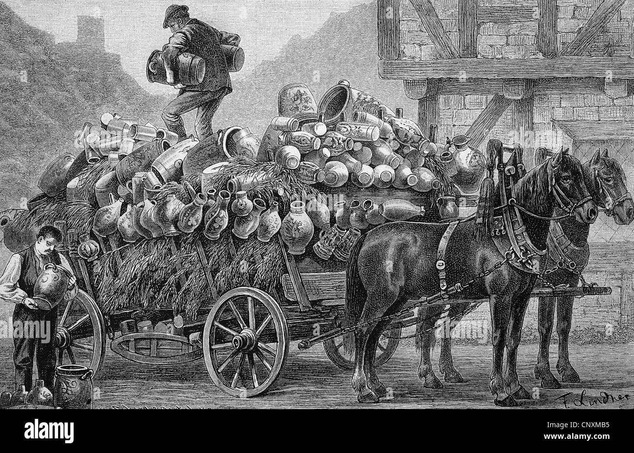Rheinland Händler Wagen, Pot Händler, historische Gravuren, 1883 Stockfoto