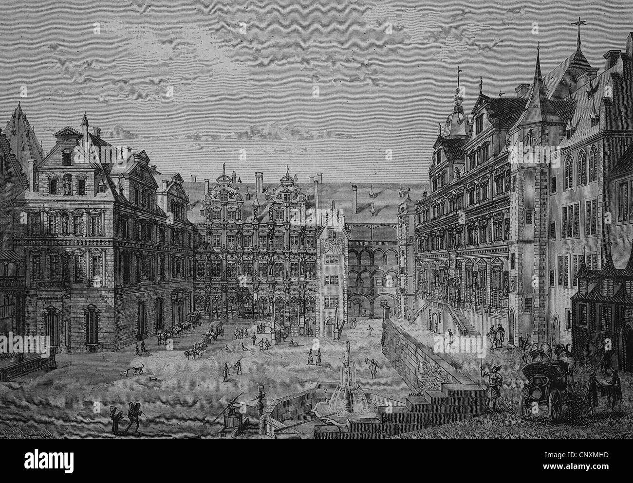 Innenhof des Heidelberger Schlosses in 1683, Heidelberg, Baden-Württemberg, Deutschland, historische Gravuren, 1883 Stockfoto