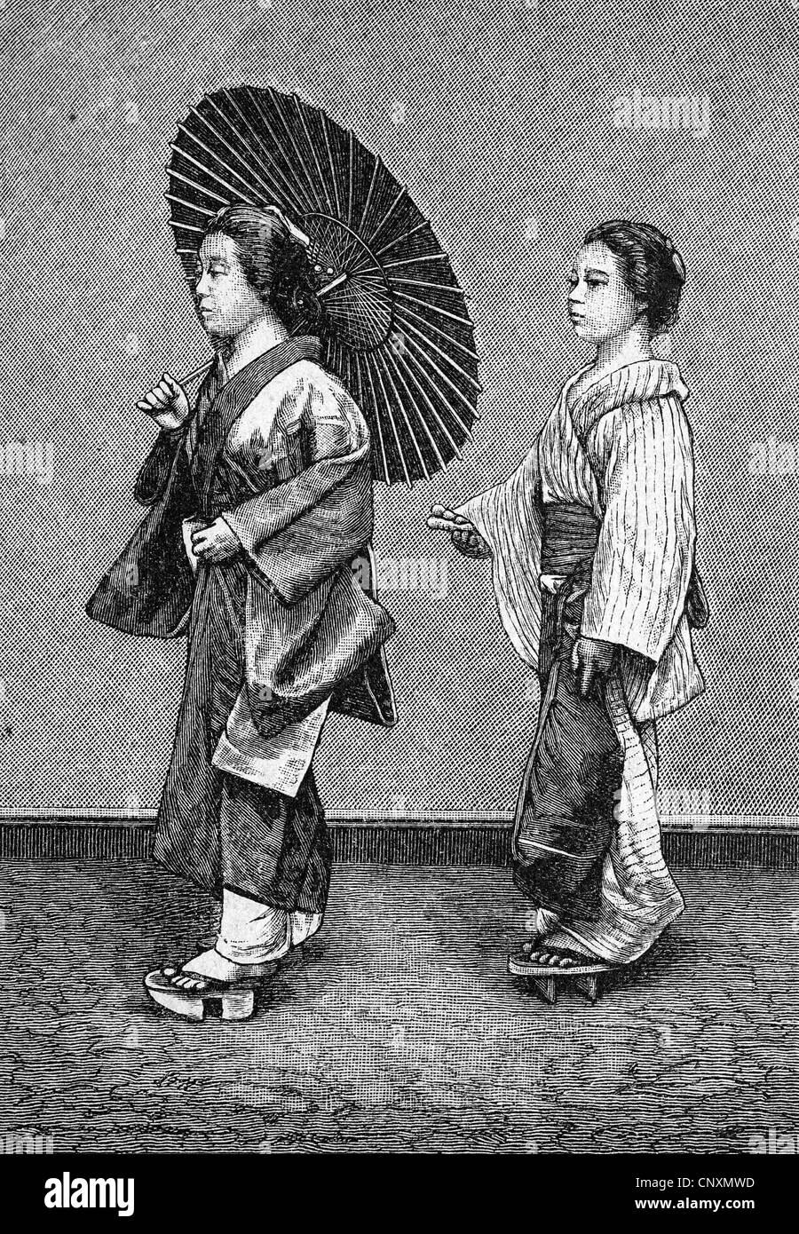 Japanische Frau leben, Frau mit einem Diener in der Straße, historische Gravuren, 1883 Stockfoto