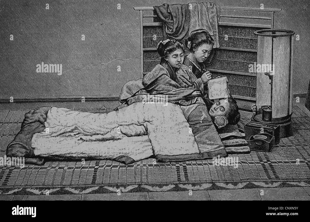 Japanische Frauen leben, Diener vor dem Schlafengehen, historische Gravuren, 1883 Stockfoto