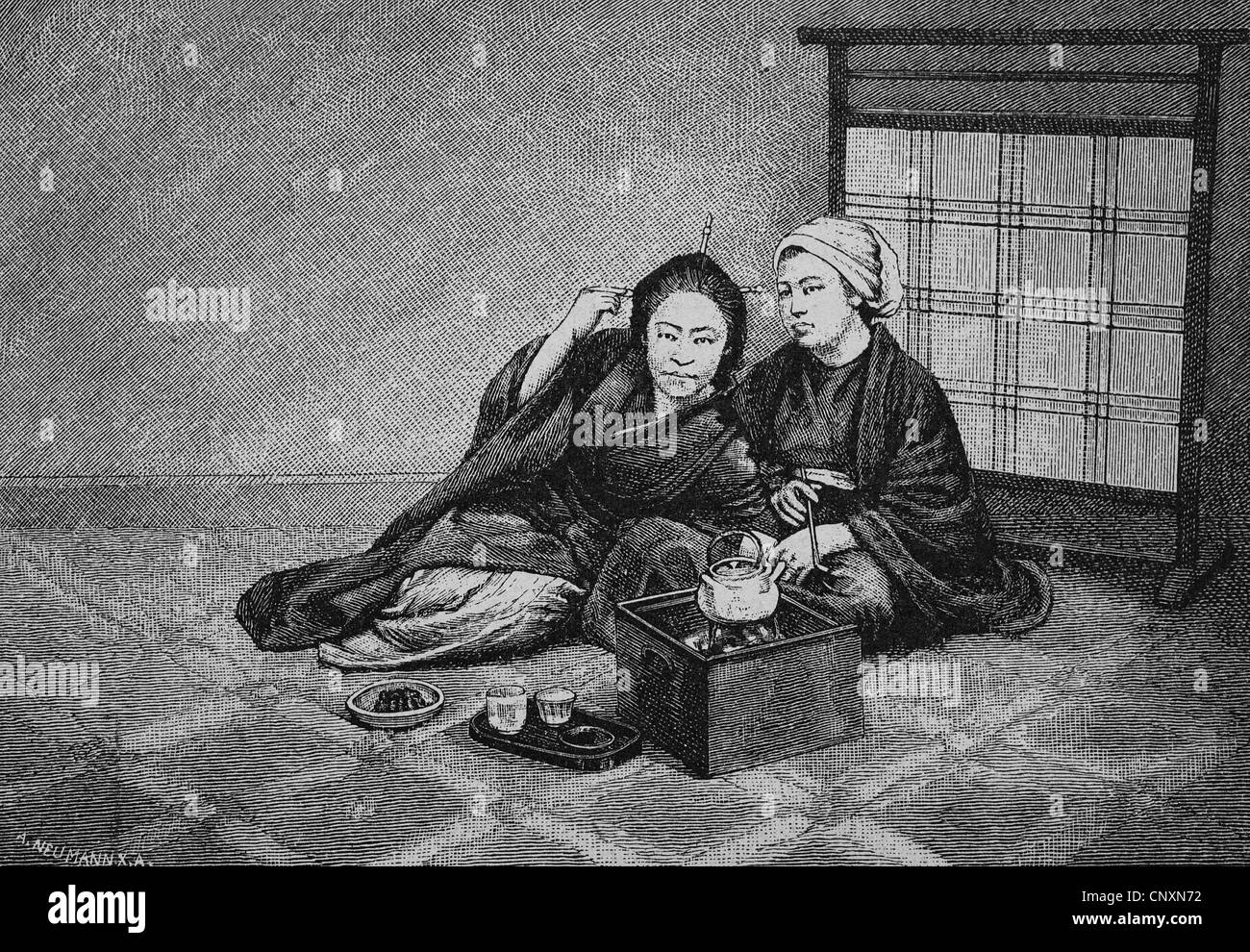 Japanische Frauen leben, trinken Tee, historische Gravuren, 1883 Stockfoto