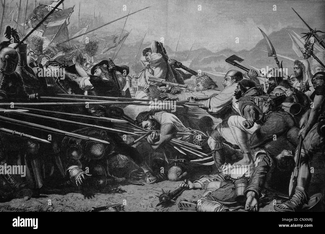 Arnold Winkelried oder Arnold von Winkelried, 1386 in der Schlacht von Sempach, Schweiz, historische Gravur, ca. 1885 Stockfoto