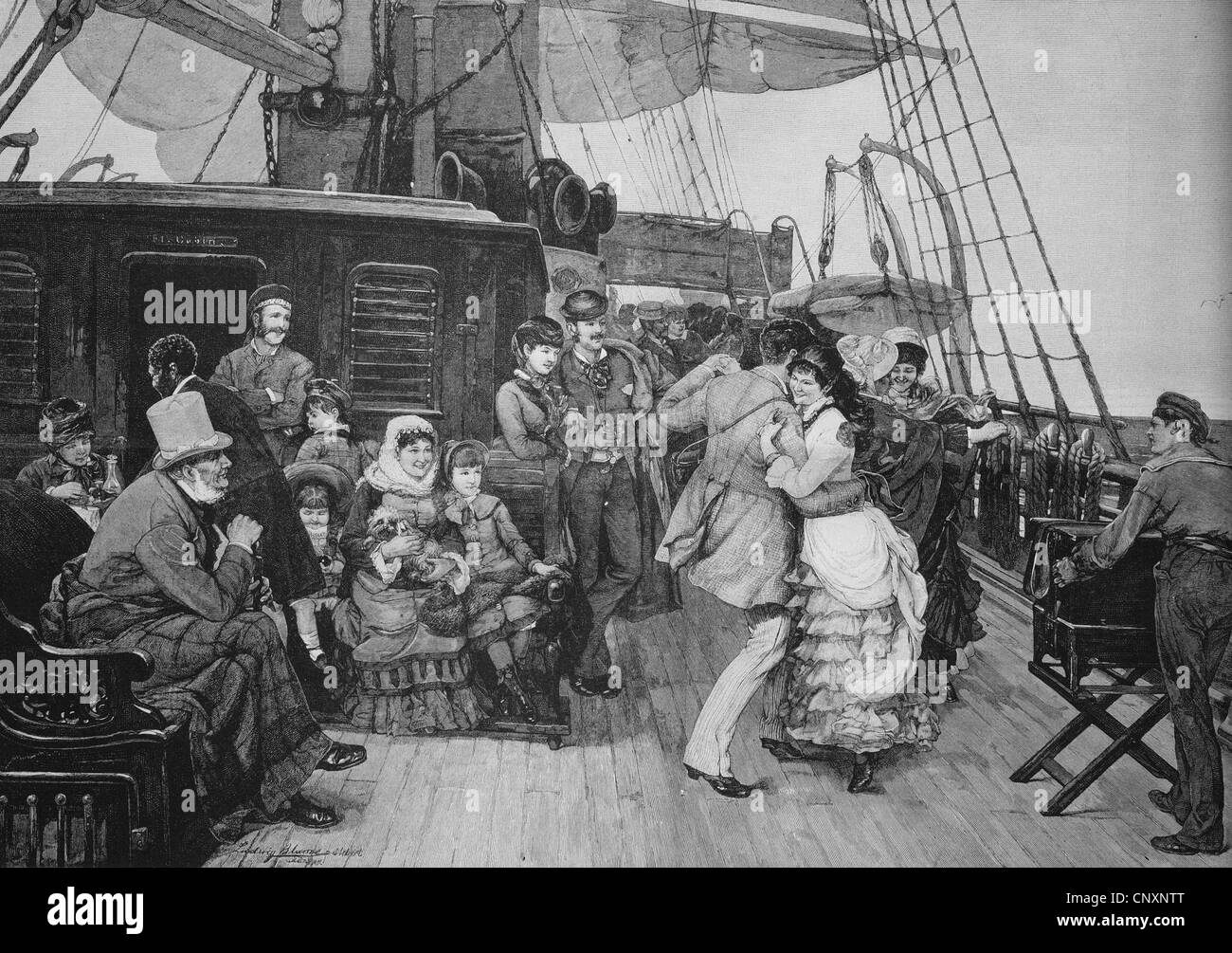Ball an Bord ein Segelschiff, historische Gravuren, ca. 1885 Stockfoto