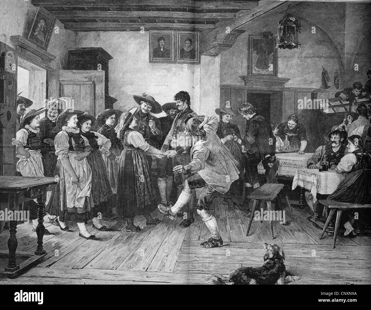 Aufforderung zum Tanz in der Dorfschenke, historische Gravuren, ca. 1885 Stockfoto