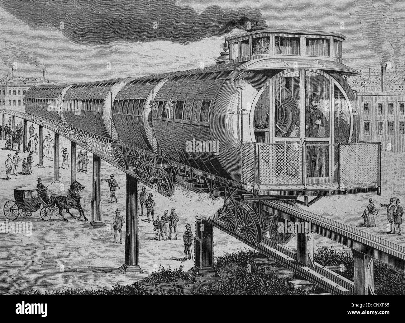 Hochbahn basierend auf Meigs' System, historische Gravuren, ca. 1885 Stockfoto