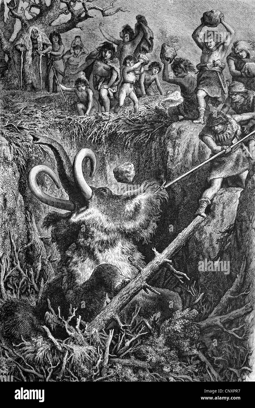 Europäische Höhlenmenschen Jagd ein Mammut, historische Gravieren von 1883 Stockfoto