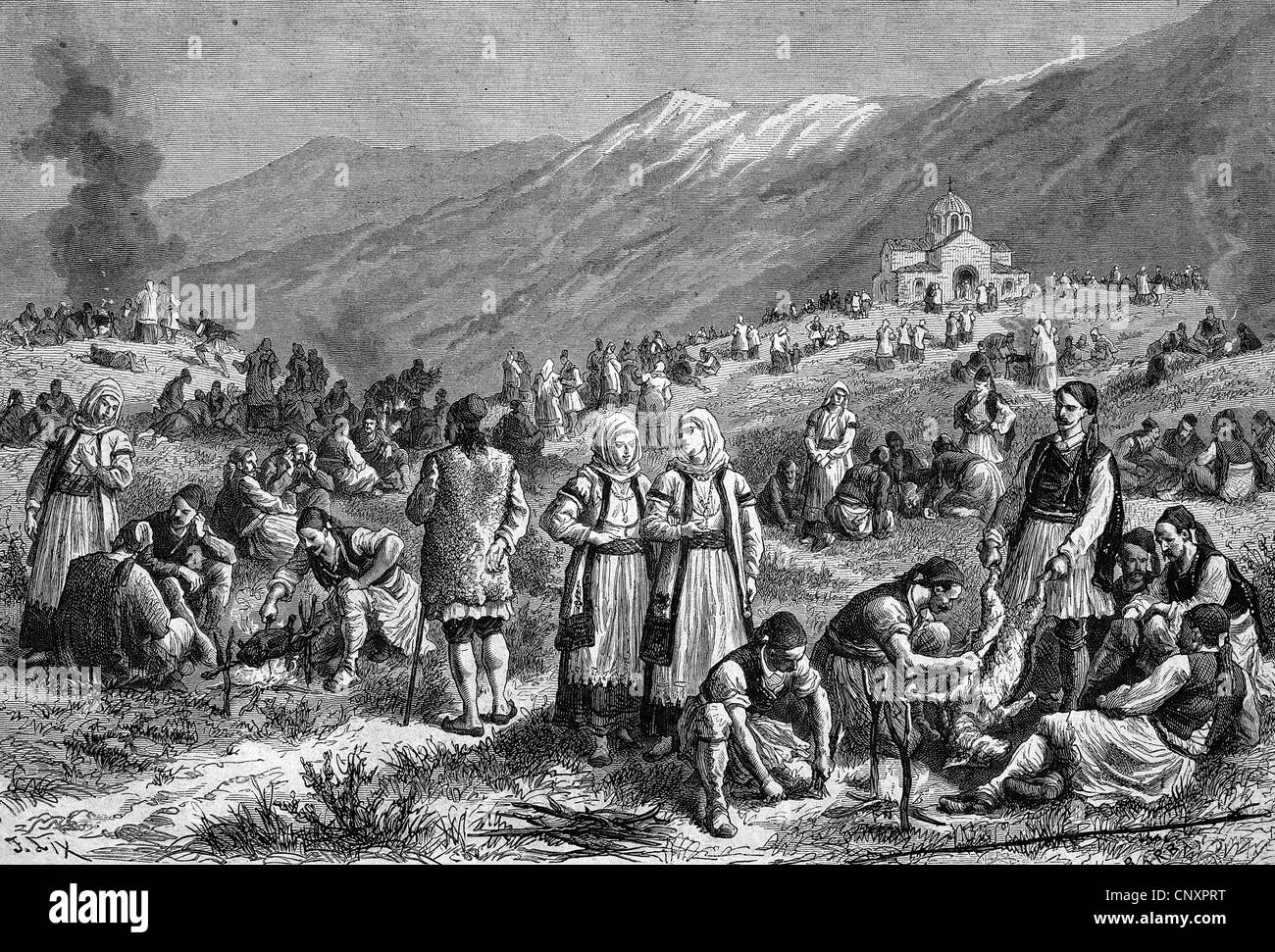 Festival am Ende der Fastenzeit in Theben, Ägypten, historischen Kupferstich von 1883 Stockfoto