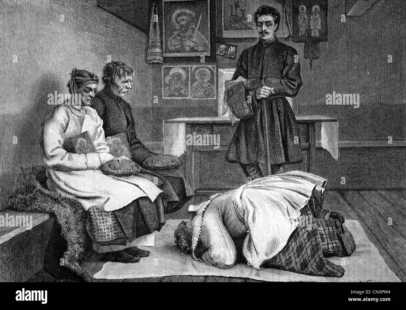 Die Segnung der Neuvermählten von den Eltern in Klein-Russland, Ukraine, historischen Kupferstich von 1883 Stockfoto