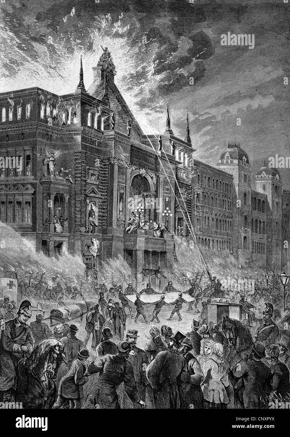 Das Feuer im Teatro Ringstraße in Wien am 8. Dezember 1881, einer der größten Brände des 19. Jahrhunderts in Österreich-Ungarn Stockfoto