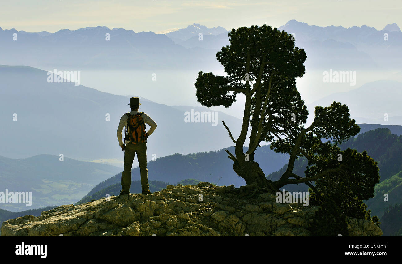 Berg-Wanderer stehend auf einem Gazebowatching das Panorama des Vercors Narure Park, Frankreich, Re, Rh Ne-Alpes Stockfoto