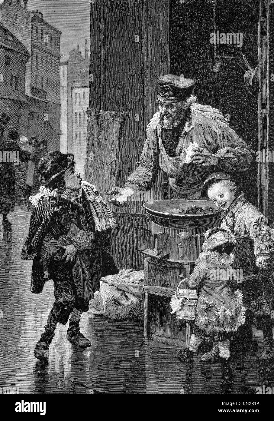 Anbieter verkaufen geröstete Kastanien in den Straßen von Paris, Frankreich, historische Gravur von 1883 Stockfoto