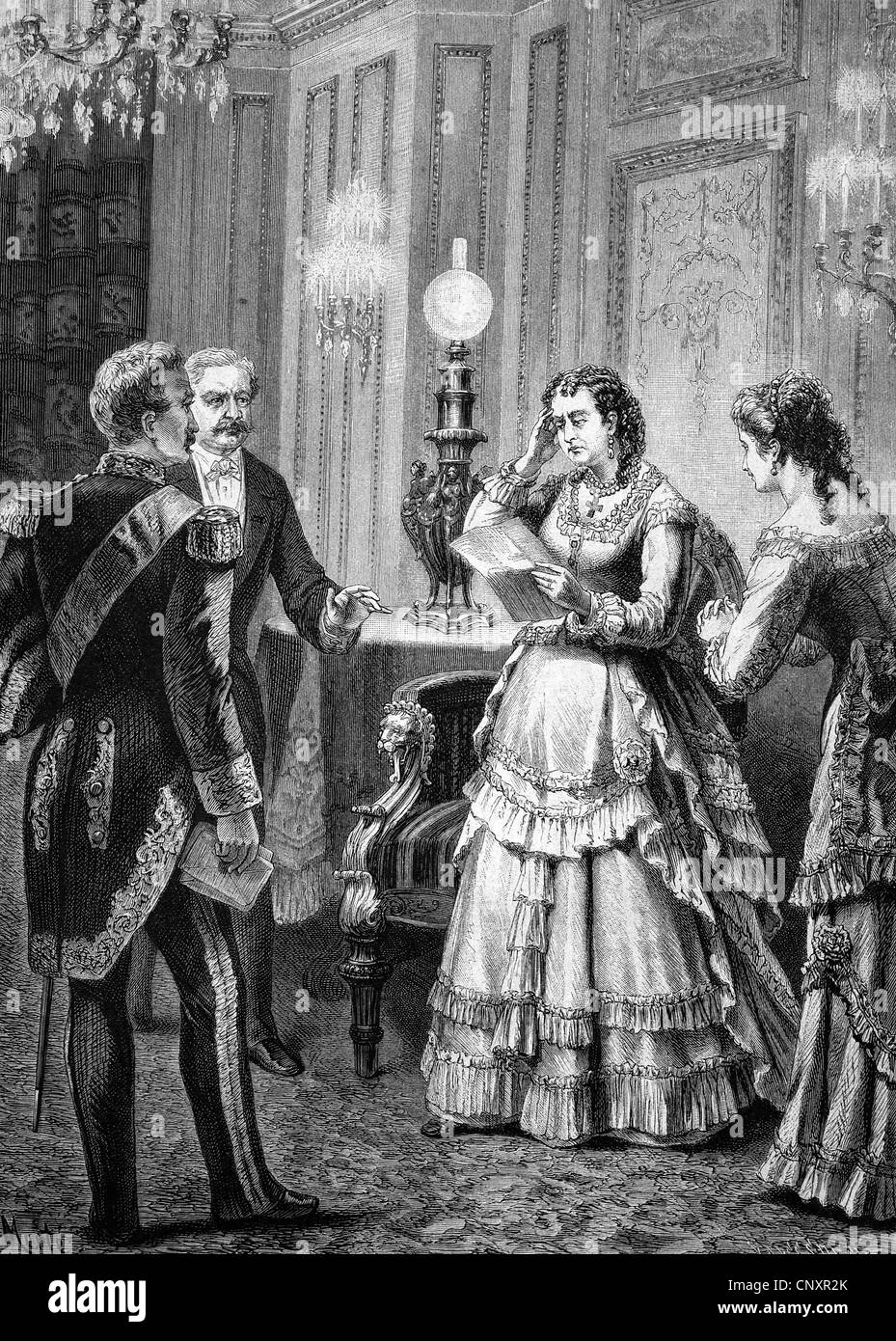 Kaiserin Eugenie von Frankreich erhält die Nachricht von der Niederlage bei Sedan, historische Gravieren von 1883 Stockfoto