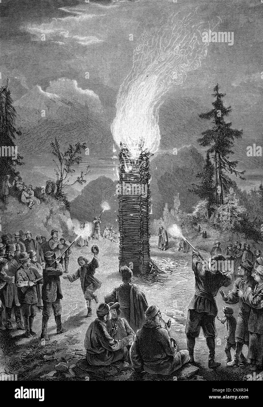 St. Johns Feuer in Finnland, historische Gravieren von 1883 Stockfoto