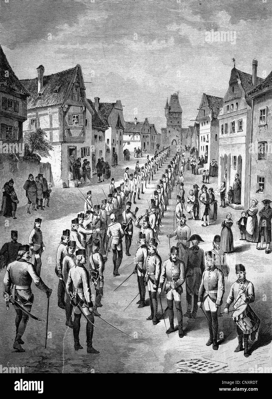 Bundesheer ein Spießrutenlauf, zur Zeit von Maria Theresia, historische Gravur, ca. 1888 Stockfoto